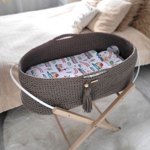 Boho Mojzesova košara z vzglavnikom, odejo in stojalom - mocca (ročno kvačkano!) (Kopija)